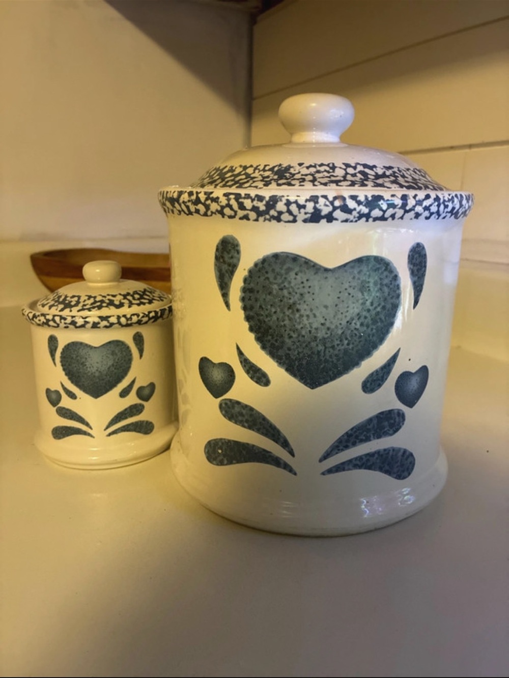 Vintage Jay Imports Cream Ceramic Canister Set with Blue Heart